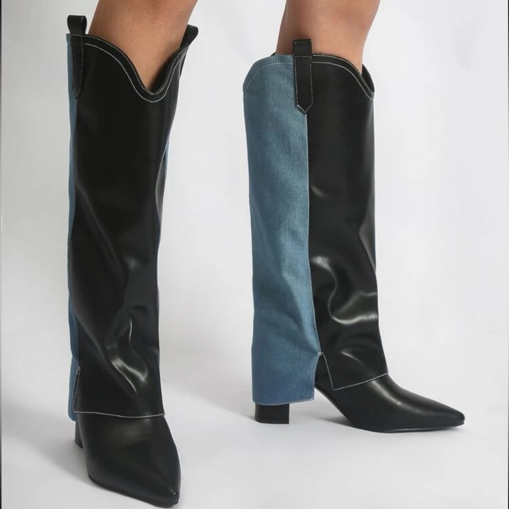 Two Tone Point Toe Chunky Heeled Western Boots